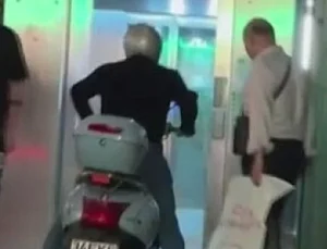 Engelli asansörüne motosikletle bindi, 5 bin 887 lira ceza yedi