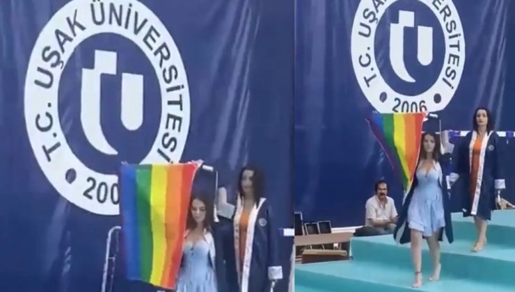 Uşak Üniversitesi’nin mezuniyet töreninde LGBT bayrağı açıldı