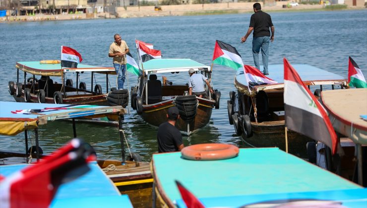 Iraklı balıkçılar, Filistin bayraklarıyla donattıkları tekneleriyle körfezde destek gösterisi düzenledi
