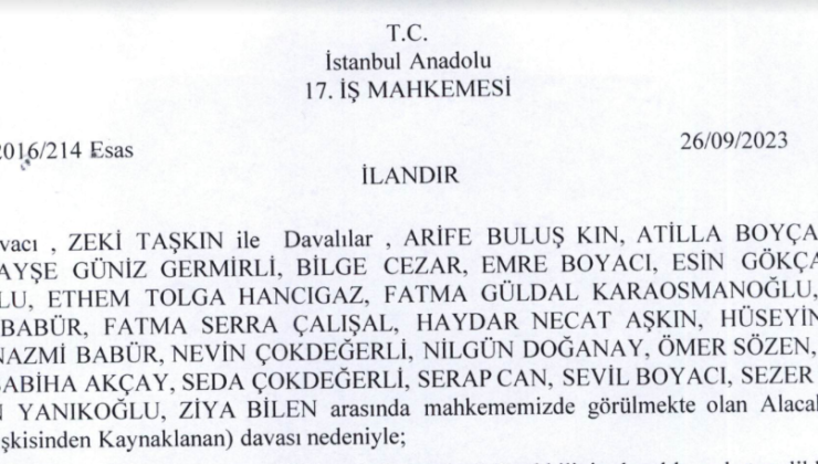 İstanbul Anadolu 17. İş Mahkemesi’nden ilandır