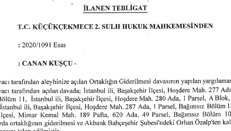 T.C. KÜÇÜKÇEKMECE 2. SULH HUKUK MAHKEMESİNDEN-CANAN KUŞÇU