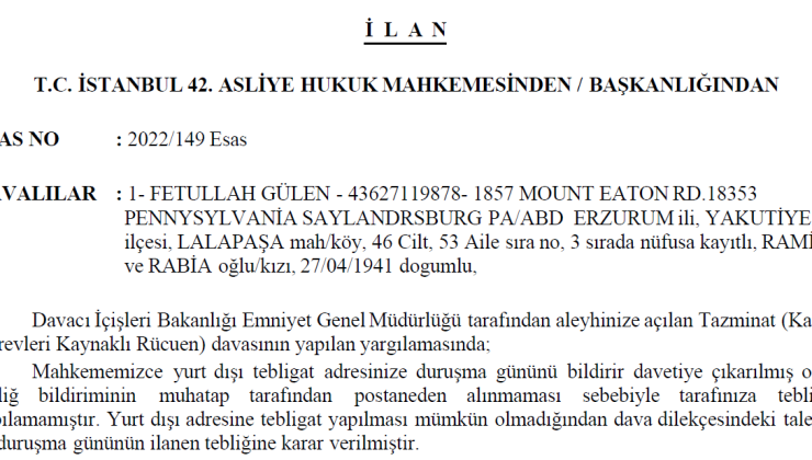 T.C. İSTANBUL 42. ASLİYE HUKUK MAHKEMESİNDEN / FETULLAH GÜLEN